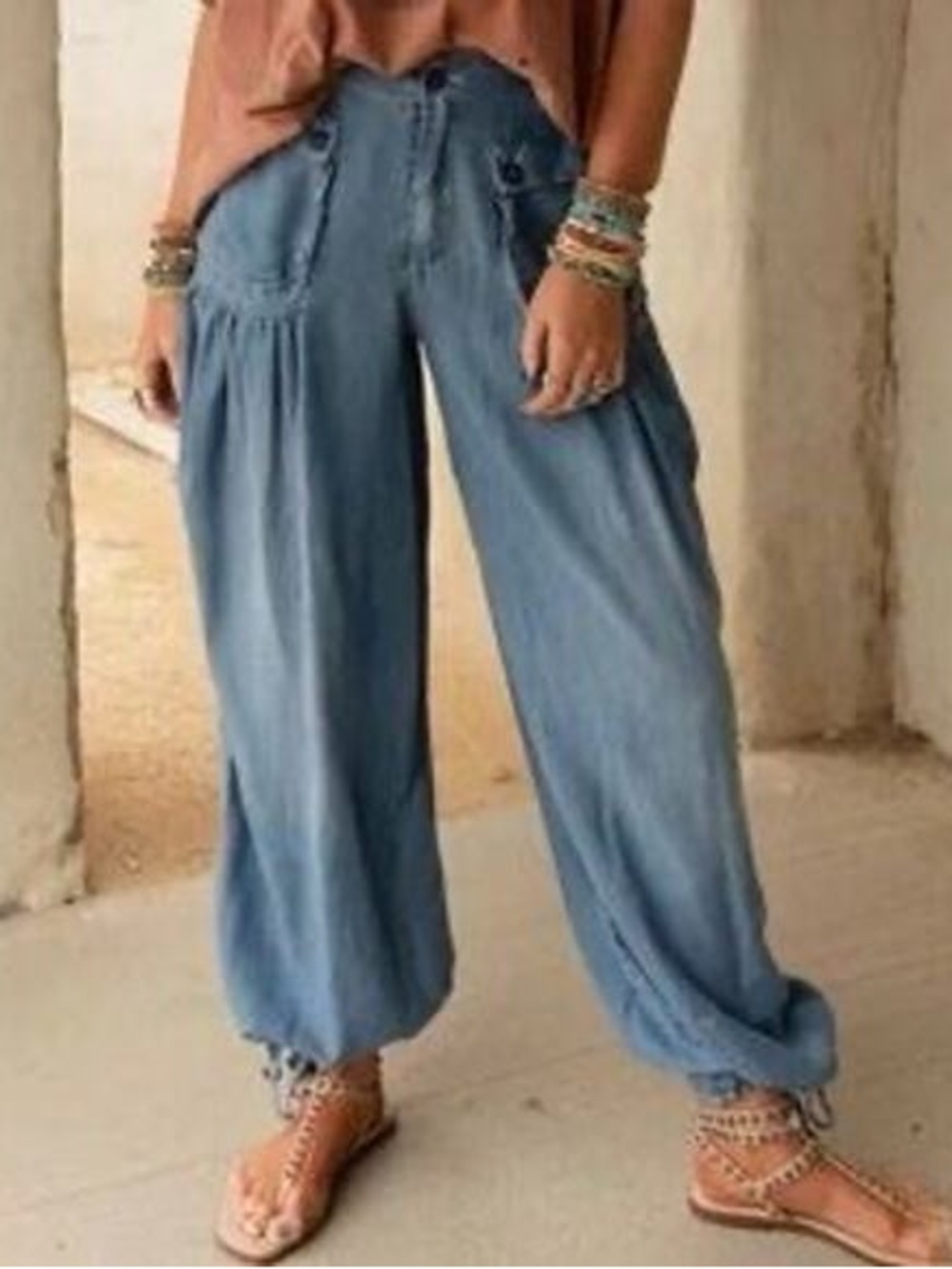 Oli & Hali Light Blue Wide-Leg Chambray Pants